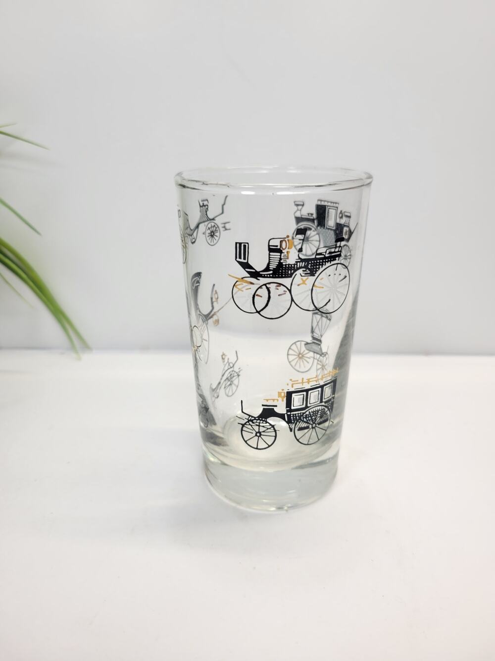 Vintage Libbey Curio Carriage Buggy Glass Tumbler MCM Black Gold Cocktail Glass